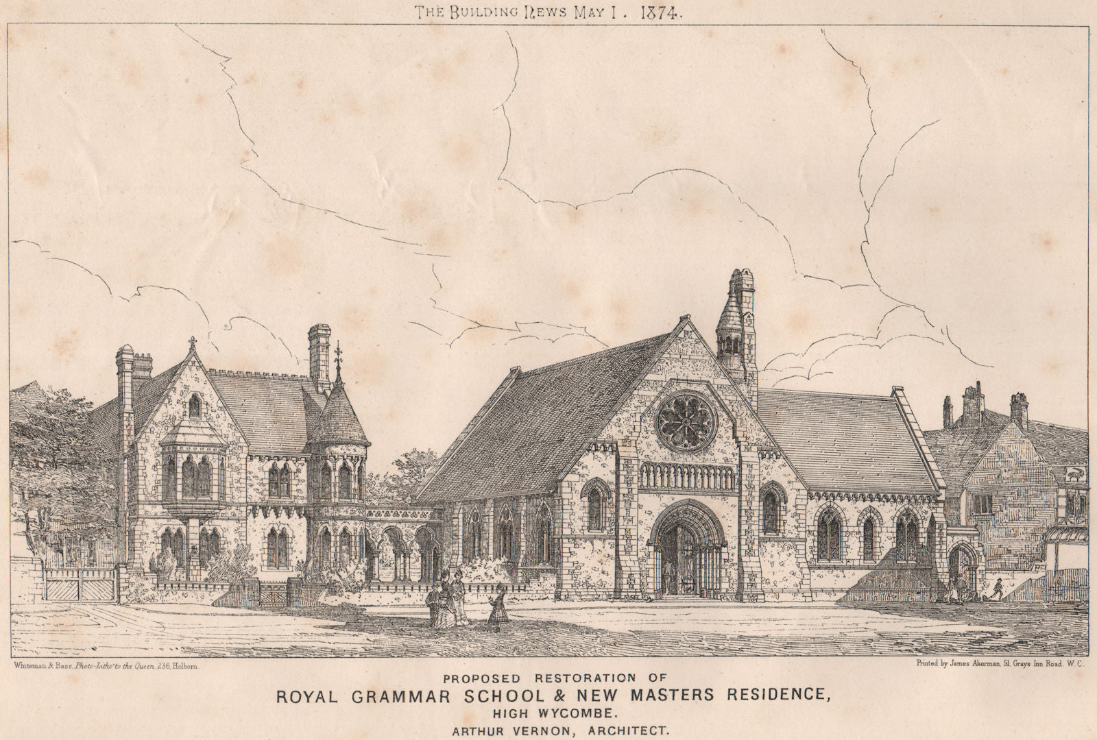 Royal Grammar School restoration & masters residence, High Wycombe 1874 print